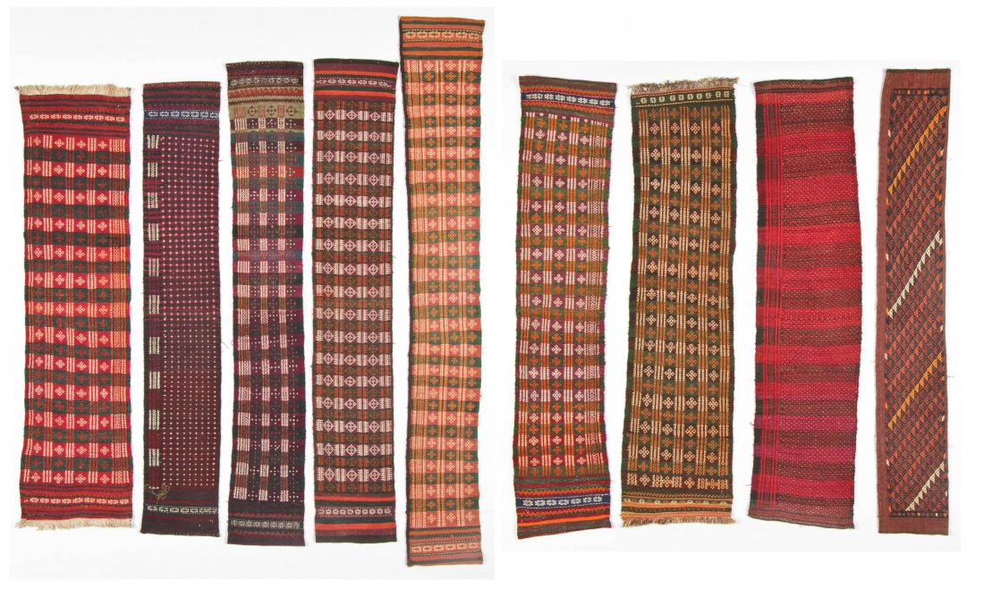9 Semi-Antique Central Asian Kilims: 9 Semi-Antique Central Asian Kilims, Afghanistan. Largest Size: 6'7'' x 1'0'' (201 x 30 cm). Provenance: Estate of Professor Louis Flam.