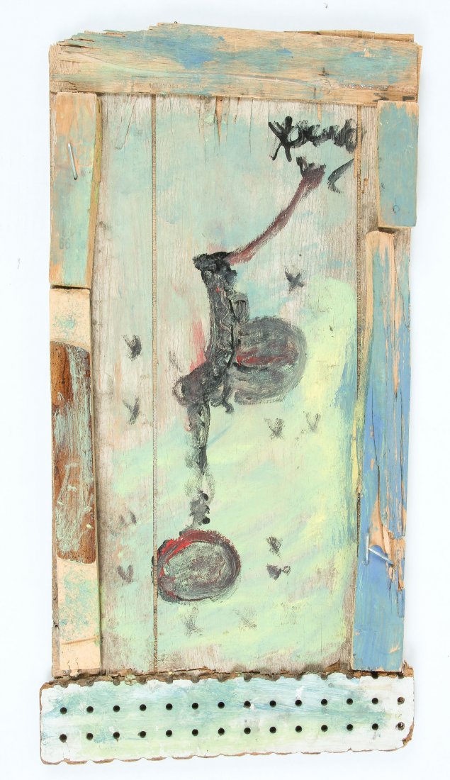 Purvis Young (1943-2010) Painting: Purvis Young (American, 1943-2010) Pregnant Woman, mixed media painting on found wood and masonite assemblage, signed. Size: 28"H x 13.75"W (71 x 35 cm).