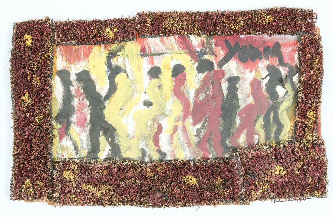 Purvis Young (American, 1943-2010) Painting: Purvis Young (American, 1943-2010) Figures, mixed media painting and collage on wood, signed. Size: 8.75"H x 14"W, 22 x 36 cm.