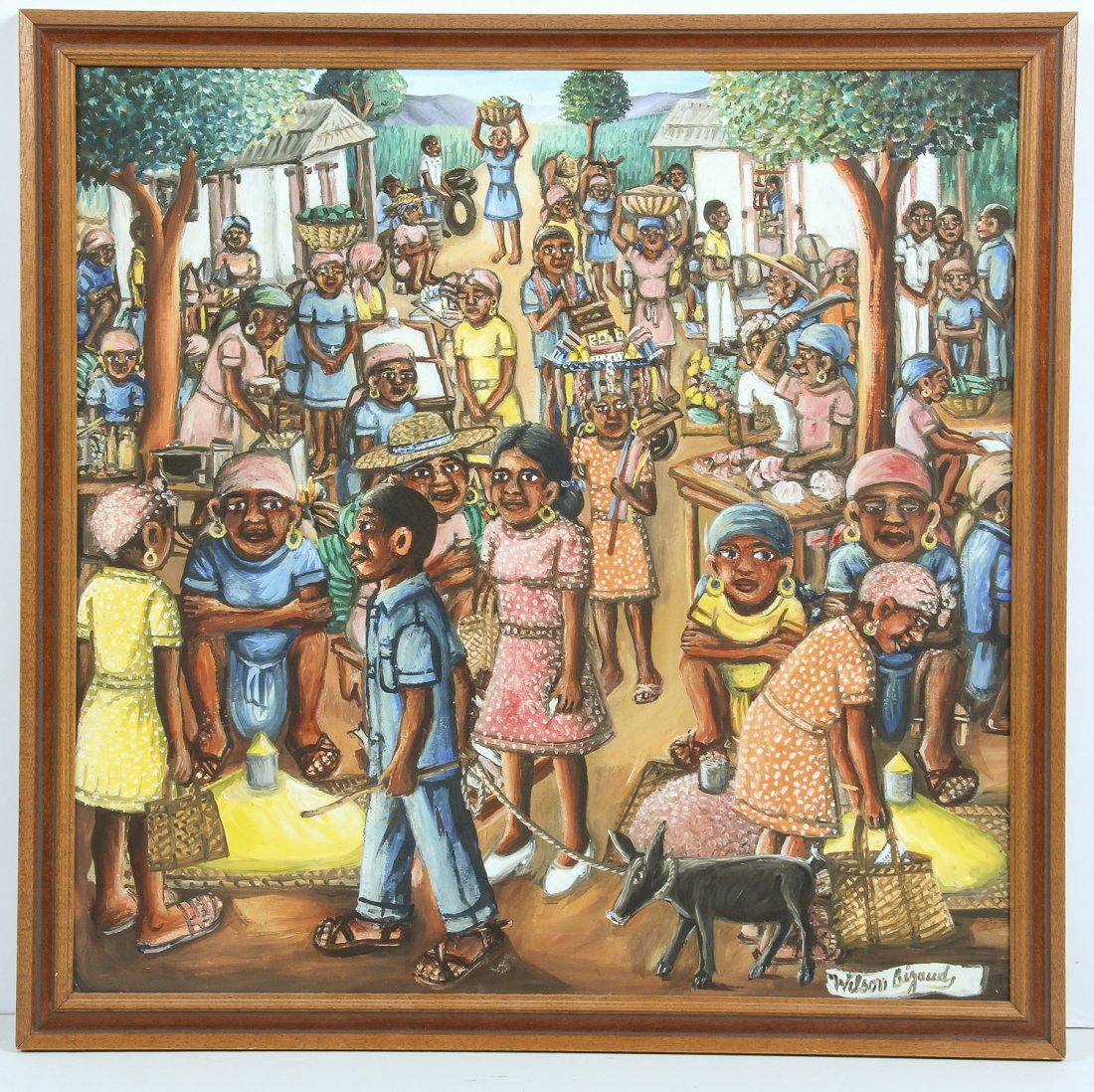 Wilson Bigaud (Haitian, 1931-2010) Painting: Wilson Bigaud (Haitian, 1931-2010) Village Scene, oil painting on board, signed. Size: 23.25"H x 23.5"W, 59 x 60 cm (board); 26"H x 26.25"W, 66 x 67 cm (frame).