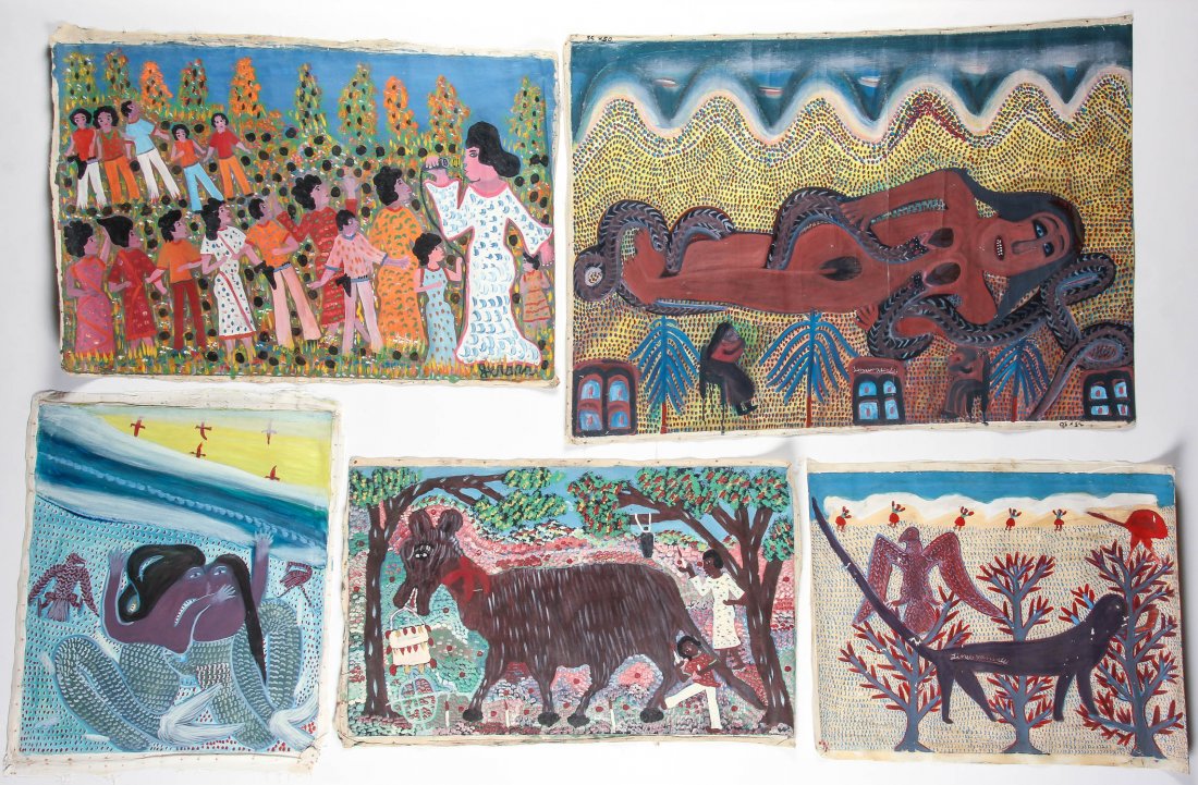 5 Paintings by Various Haitian Artists (20th c.): 5 Paintings by Various Haitian Artists (20th c.) including a work by Gerard Fortune. Largest Size: 35'' x 50'' (89 x 127 cm).