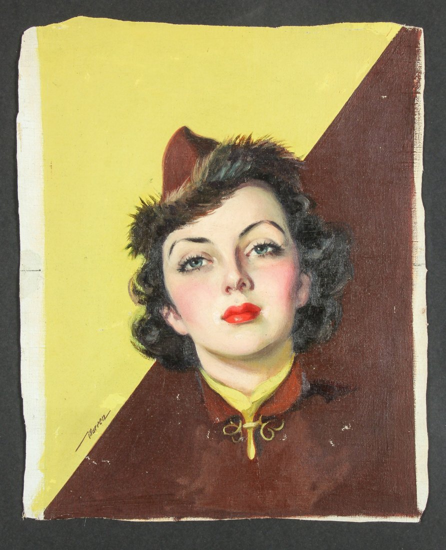 American Illustrator (Mid 20th c.) Portrait of a Lady: American Illustrator (Mid 20th c.) Portrait of a Lady, oil painting on canvas, possibly depicting a member of the Women's Army Auxiliary Corps (WAAC), signed "Warren". Size: 18" x 15" (46 x 38 cm).