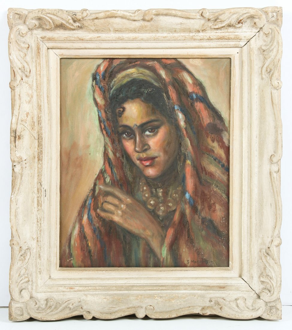 Solange Monvoisin (French, 1911-1985) Portrait: Solange Monvoisin (French, 1911-1985) Portrait of a Moroccan Woman, oil painting on canvas, signed. Size: 17.5"H x 14"W, 45 x 36 cm (stretcher); 25.25"H x 22.25"W, 64 x 57 cm (frame).