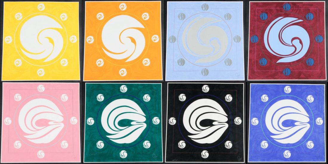 Jack Youngerman (American, b. 1926) 8 Works: Jack Youngerman (American, b. 1926) 8 Works: 1) "Orbit Yellow", 1980, silkscreen, from an edition of 75. Sheet: 37" x 35.75" (94 x 91 cm), Image: 36.5" x 35.35" (93 x 89 cm); 2) "Orbit Orange", 1981,