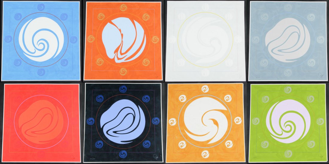 Jack Youngerman (American, b. 1926) 8 Works: Jack Youngerman (American, b. 1926) 8 Works: 1) "Galaxy Blue", 1983, silkscreen, AP. Sheet: 37" x 35.75" (94 x 91 cm), Image: 36.5" x 35.35" (93 x 89 cm); 2) "Involute Chinese Orange", 1981, silkscree