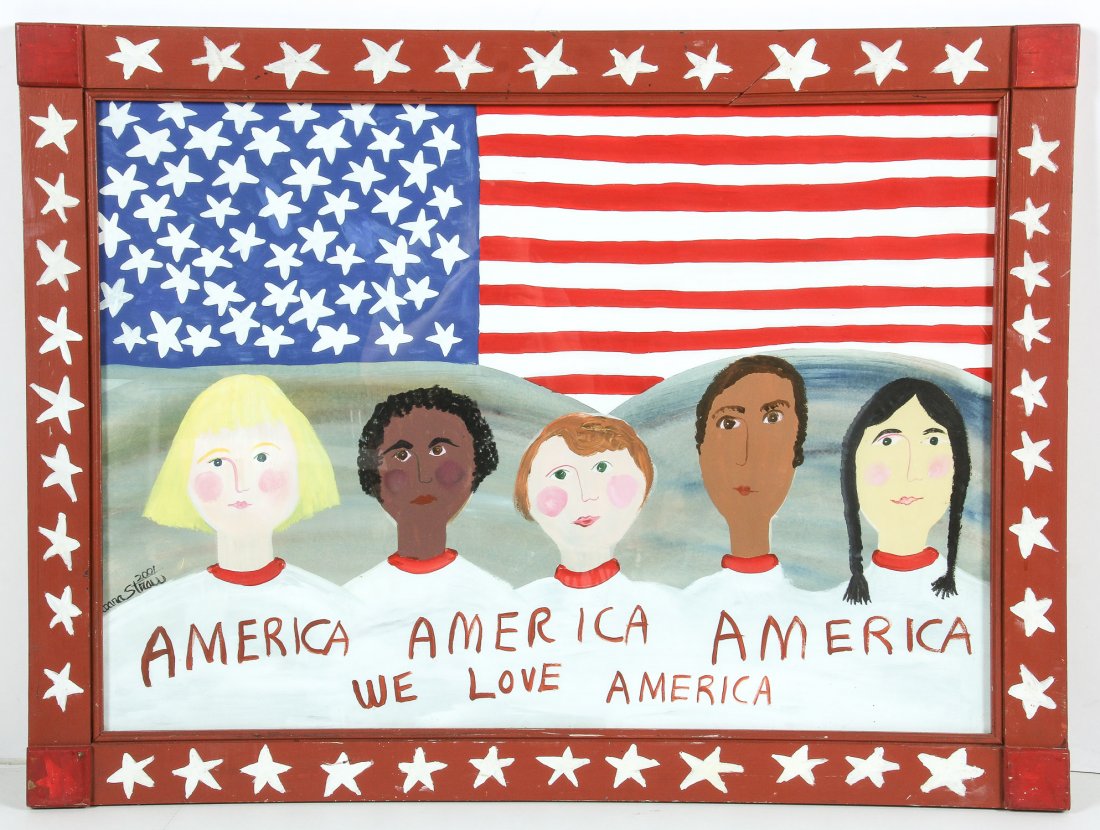 Barbara Strawser (American, 20th c.) "We Love America",: Barbara Strawser (American, 20th c.) "We Love America", 2001, mixed media painting on paper, in an artist made frame, signed and dated. Size: 24"H x 34"W, 61 x 86 cm (sight); 29.75"H x 39.5"W, 75 x 10