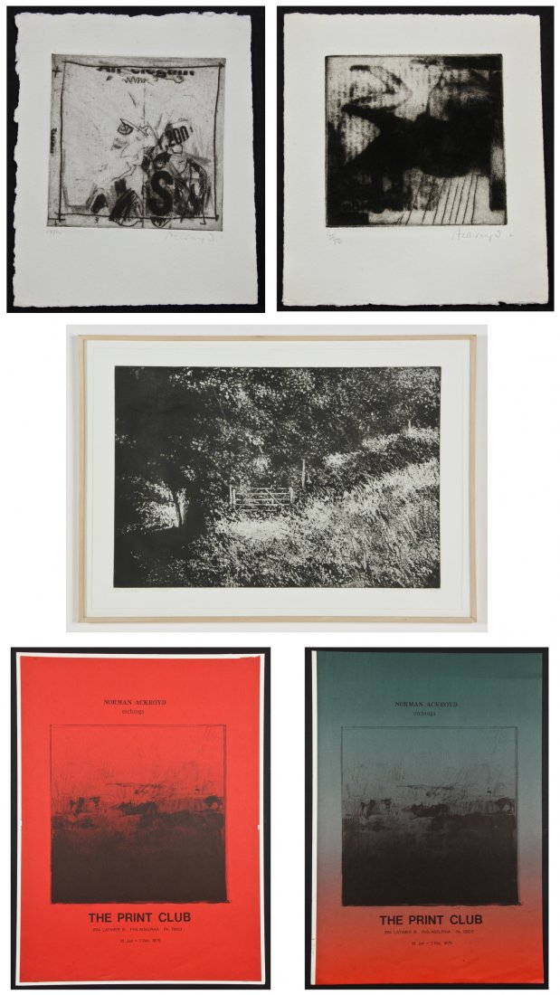 Norman Ackroyd (British, b. 1938) Collection: Norman Ackroyd (British, b. 1938) Collection: 3 Mezzotints and 2 Posters: 1) Sutton Mandeville - Walters Path, 1983, Aquatint. Size: 32.5'' x 42.5'' (83 x 108 cm); 2) Untitled (Dark Figure), Mezzotint
