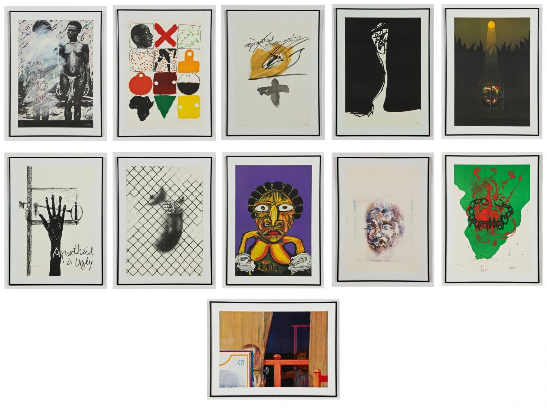 11 Signed Lithographs from Artists Against Apartheid,: 11 Lithographs from Artists Against Apartheid, 1983: 1) (Robert) Arman Artistes du monde contre l'apartheid, 1983, Lithograph. Size: 32.75" x 22.75", 83 x 58 cm (sight); 38.25" x 28.25", 97 x 72 cm (f
