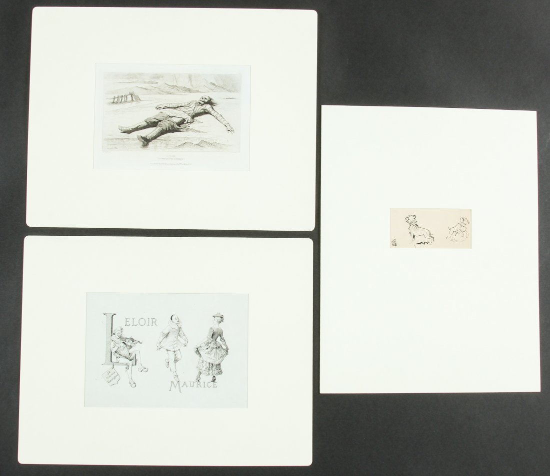 French School (19th to 20th c.) 3 Works: French School (19th to 20th c.) 3 Works: 1) Theodore Valerio (1819-1879) L'Epave, engraving, c. 1869; 2) Maurice Leloir (1853-1940) 21 Avenue Gourgaud; 3) Charles Emile Carlegle (1877-1936) Dogs, ink 