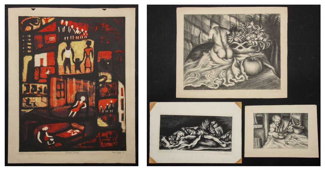 4 Works by American Printmakers Jerome Kaplan and Sol: 4 Works by American Printmakers: 1) Jerome Kaplan (b. 1920) "Restrictive Covenants", 1951, color lithograph, titled, numbered, signed and dated, 22'' x 18'', 56 x 46 cm (sheet); 2) Sol Carson (b. 1917