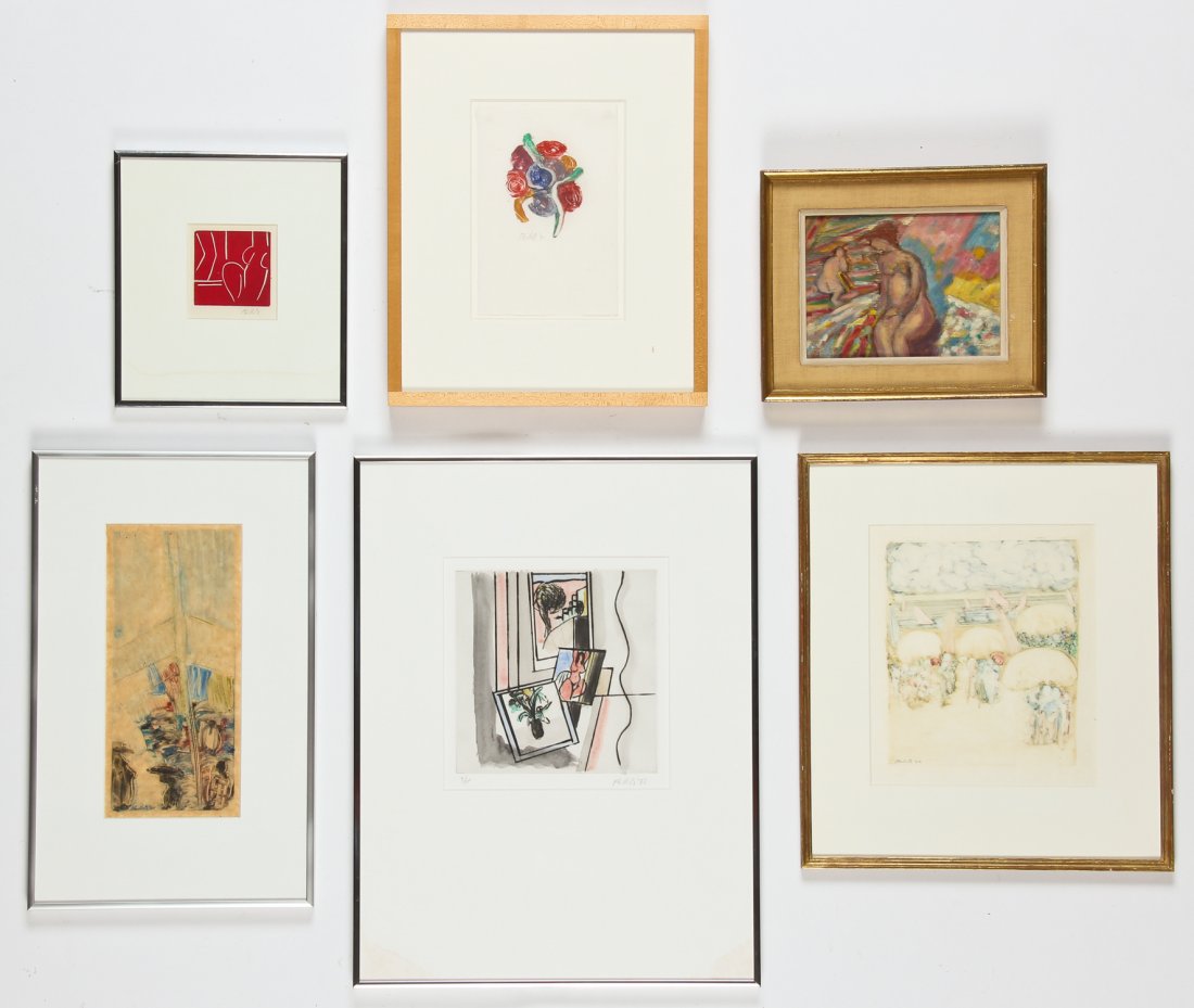 Matt Phillips (American, b. 1927) 6 Works: Matt Phillips (American, b. 1927) 6 Works, including 5 prints and one original oil painting on wood, c. 1960s. Largest Frame Size: 21'' x 16'' (53 x 41 cm).