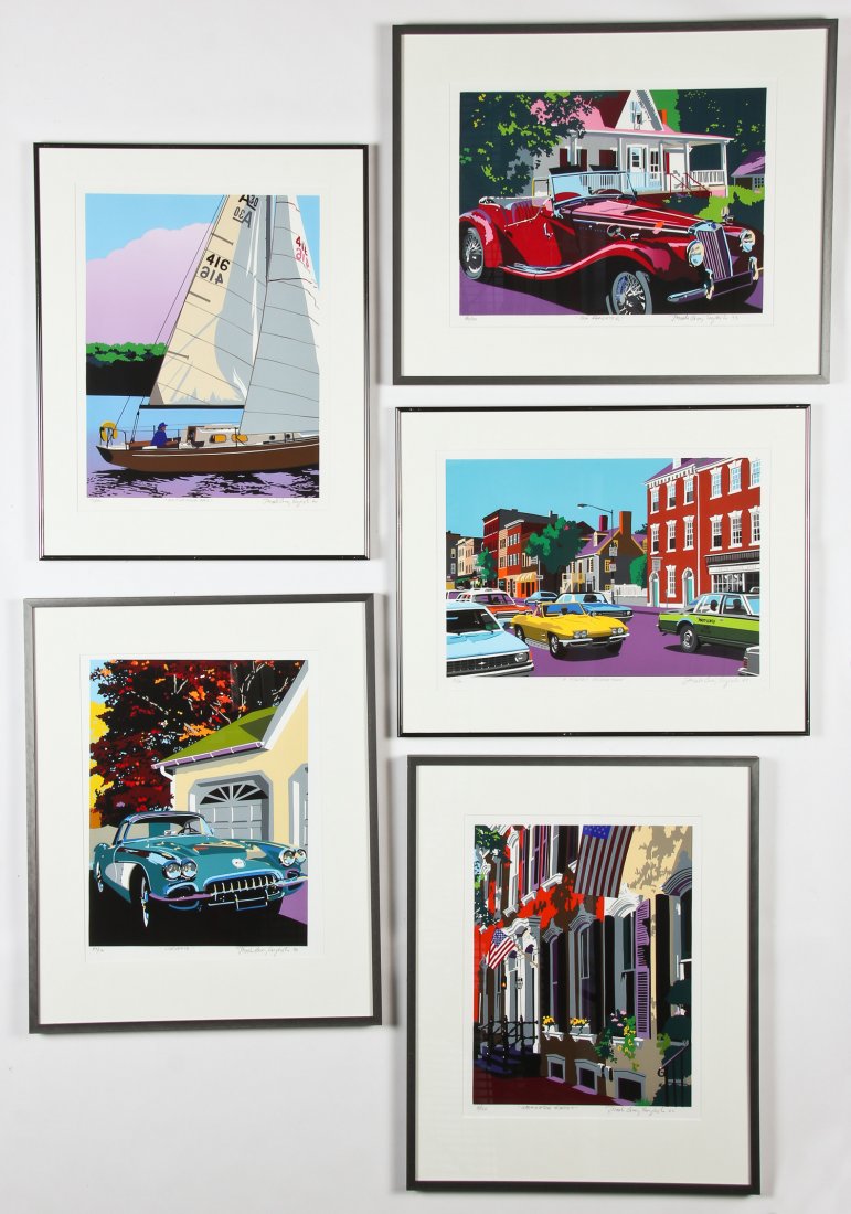 5 Joseph Craig English Framed Silkscreen Prints: 5 Joseph Craig English Framed Silkscreen Prints: "Corvette", "Washington St.", "M. Street Georgetown", "MG Roadster", "An Evening Sail". Largest Size: 31.75'' x 25.25'', 81 x 64 cm (frame).