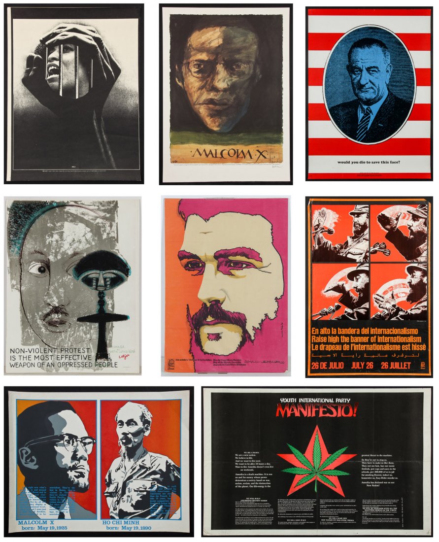 8 1960's Themed Vintage Posters: 8 1960's Themed Vintage Posters: 1) Angela Davis Collage by Barry Shapiro Fanshen Press (Del Mar, CA), 1971 Size: 22" x 17", 56 x 43 cm (sheet); 2 Leonard Baskin Malcolm X, 1990, Lithograph, from an e