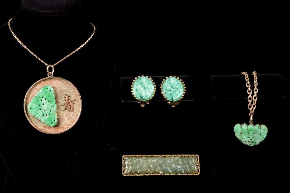 5 pc Accessory Suite: Gold and Jade or Hardstone: 5 pc Accessory Suite, including 2 Chinese 14K Gold with carved Jade or Hardstone Pendant Necklaces, A Jade or Hardstone money clip, and Pair of Jomaz costume earrings. Largest size: 1.5"L x 1.5"W, 4 x