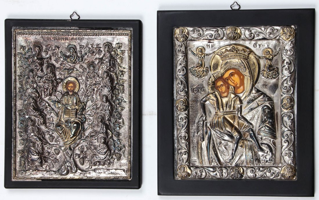 2 Greek Byzantine Pure Silver Repousse Icons: 2 Greek Byzantine Silver Repousse Icons, pure silver, parcel gilt oklads. Largest size: 9''L x 7''W, 23 x 18 cm (sight); 11''L x 9.25''W, 28 x 23 cm (frame).