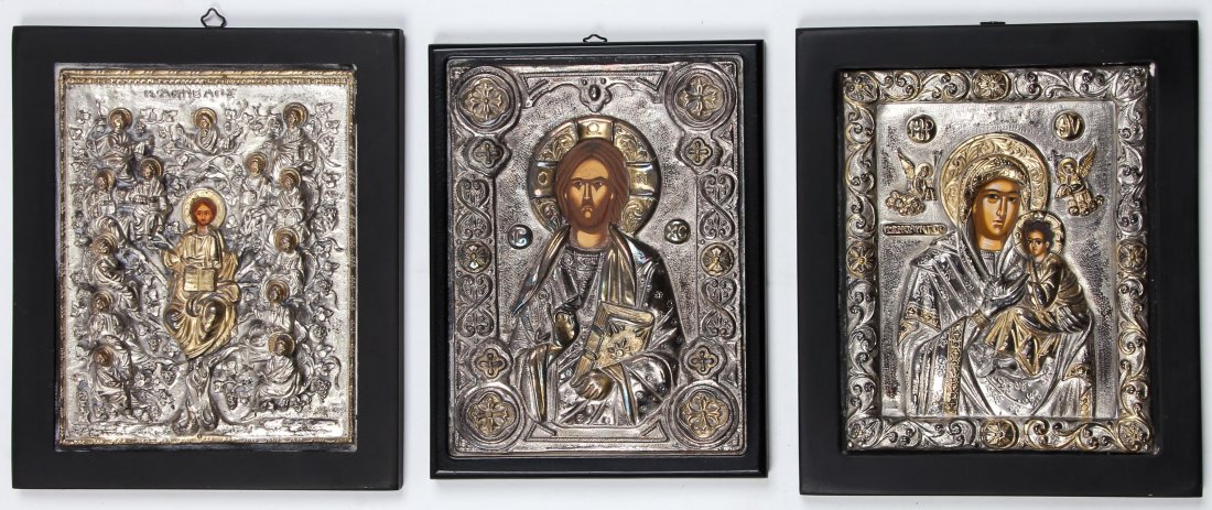 3 Greek Byzantine Pure Silver Repousse Icons: 3 Greek Byzantine Silver Repousse Icons, pure silver, parcel gilt oklads. Largest size: 9''L x 7''W, 23 x 18 cm (sight); 11''L x 9.25''W, 28 x 23 cm (frame).