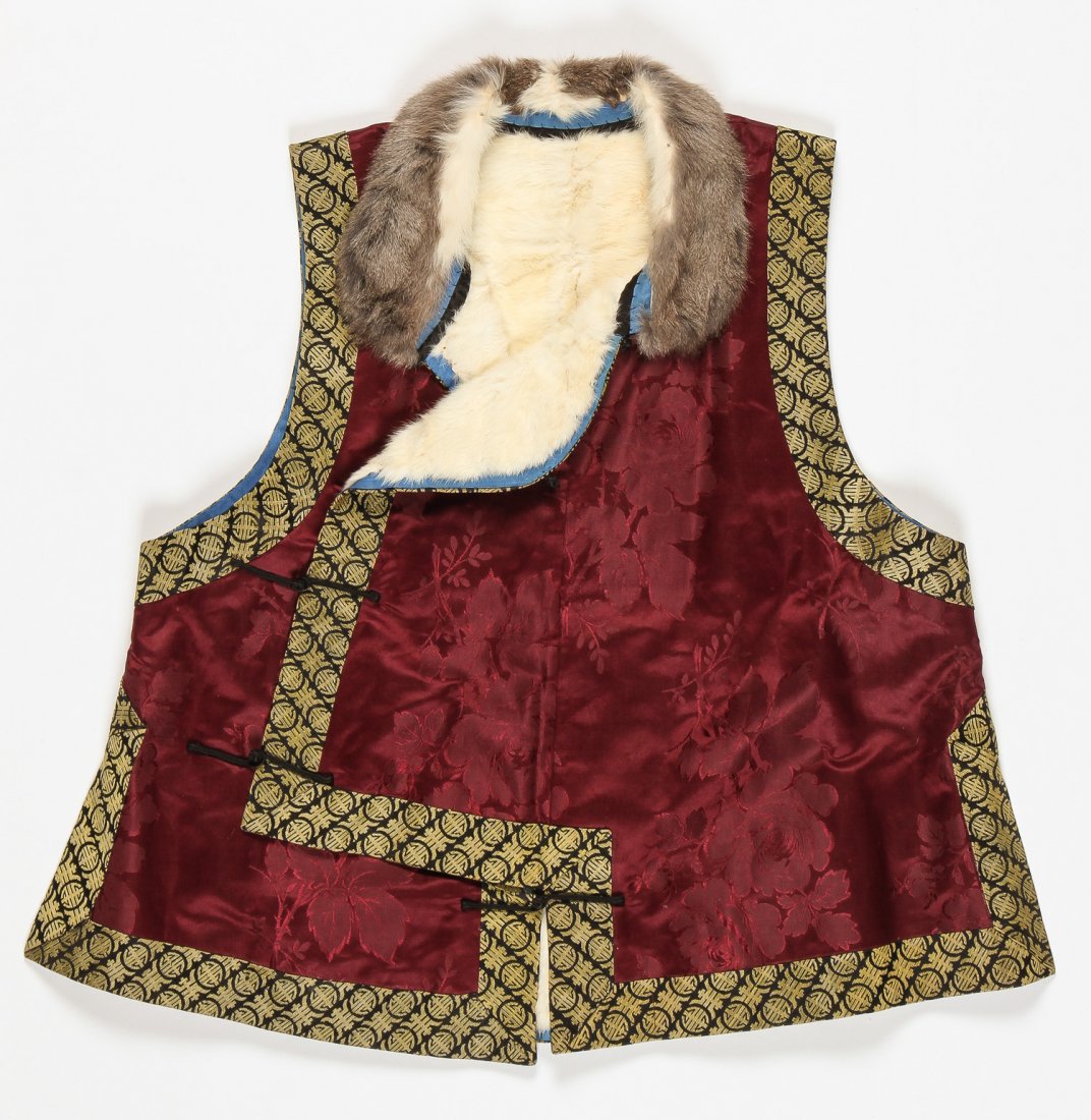 Chinese Silk Brocade Vest with Fur Lining: Chinese Silk Brocade Vest with Fur Lining. Size: 27''L x 20.25''W, 69 x 51 cm. Provenance: Natasha Ogden Tolstoy; Private Philadelphia, PA Estate.