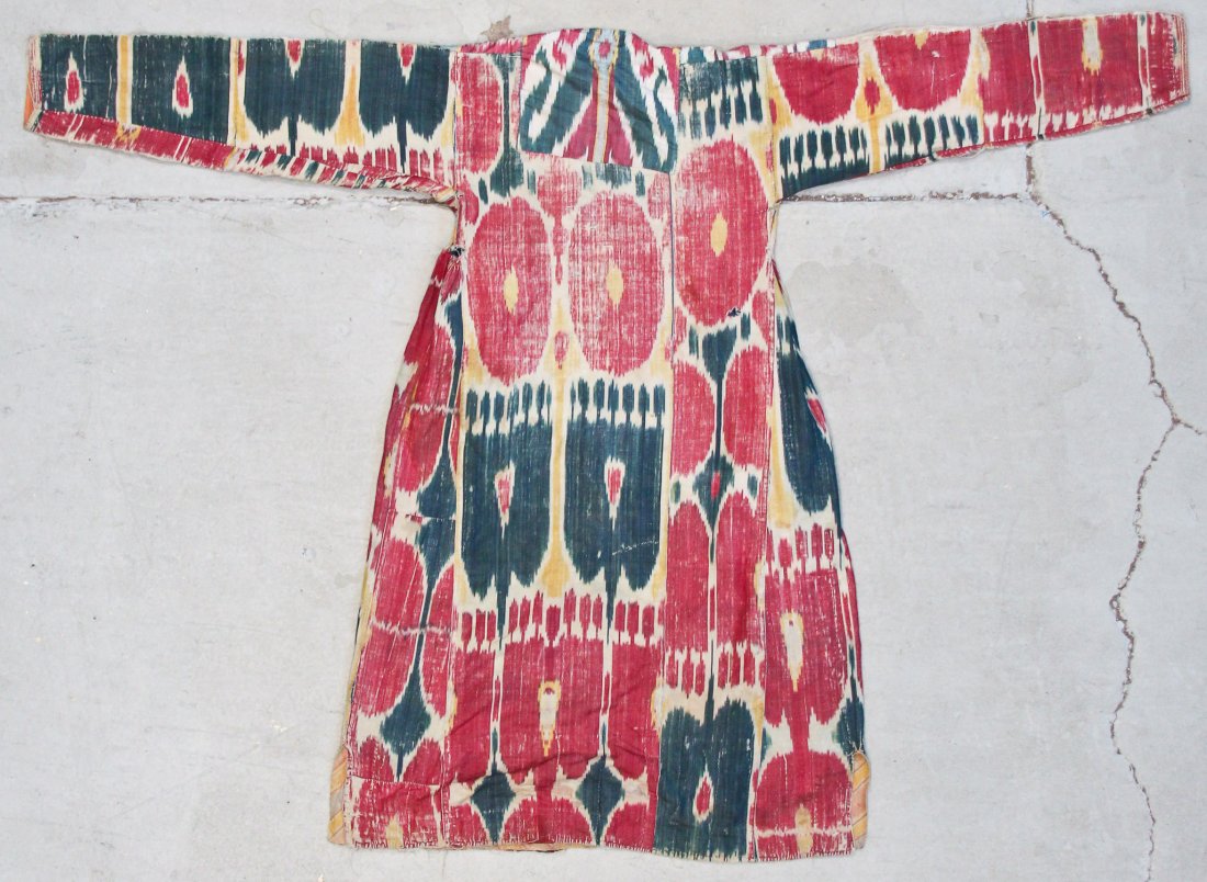 19th C. Central Asian Silk Ikat Robe: 19th C. Central Asian Silk Ikat Robe: 70'' x 49'' (178 x 124 cm), fraying, wear, losses.