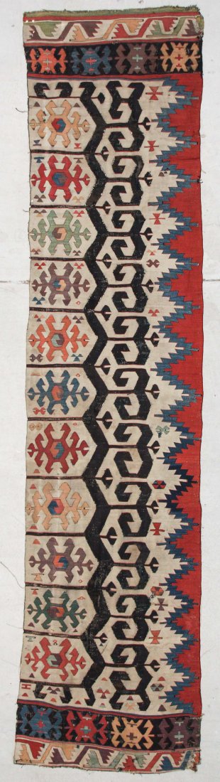 Antique Central Anatolian Saf Kilim Panel: 3'1'' x: Antique Central Anatolian Saf Kilim Panel: 2'11'' x 11'11'' (89 x 363 cm), 19th c., Turkey, with a series of eleven prayer niches topped with ram's horn/latch hook figures.