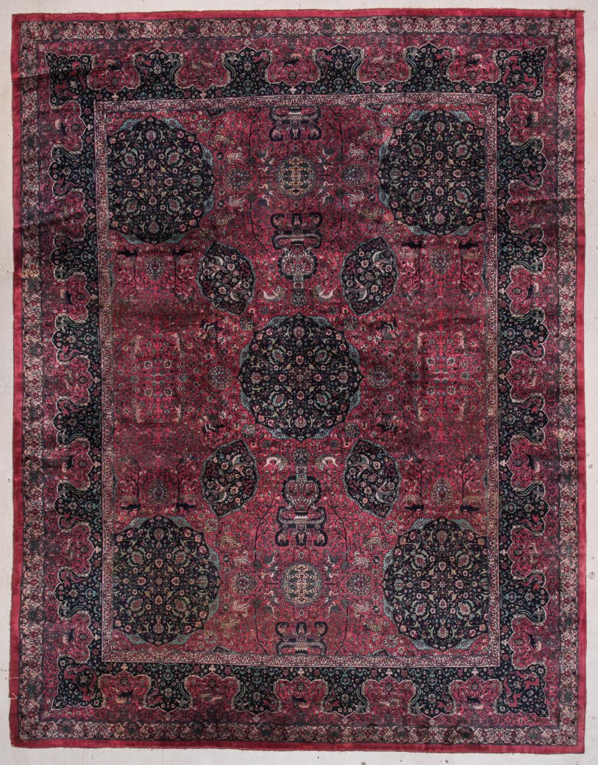 Fine Antique Hunting Mughal Carpet: 12'9'' x 16'1'': Fine Antique Mughal Style Hunting Carpet: 12'9'' x 16'1'' (389 x 490 cm), India, 19th c. Very fine, densely knotted wool pile.