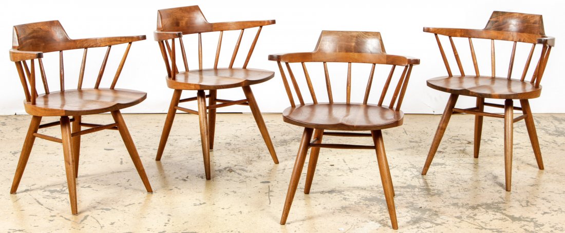 George Nakashima 4 Sap Walnut Captain's Chairs: George Nakashima 4 Sap Walnut Captain's Chairs. With workshop documentation and copies of original receipt. Purchased in 1977. Each Size: 28'' x 23.75'' x 17.5'' (71 x 60 x 44 cm).