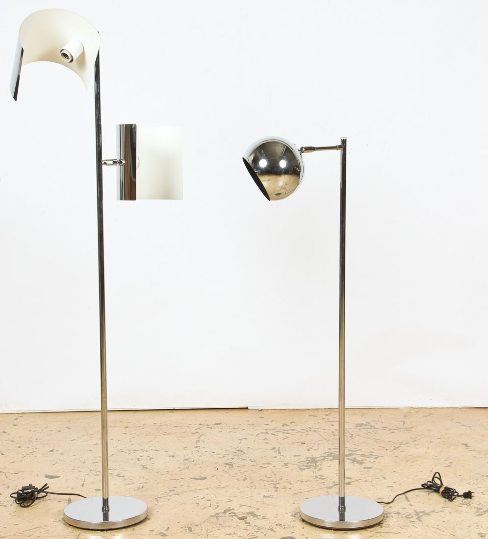 Pair of Koch Lowy OMI Chrome Floor Lamps: Pair of Koch Lowy OMI Chrome Floor Lamps. Size: 61.25'' x 23'' x 9'' (156 x 58 x 23 cm) and 46'' x 15'' x 10'' (117 x 38 x 25 cm).