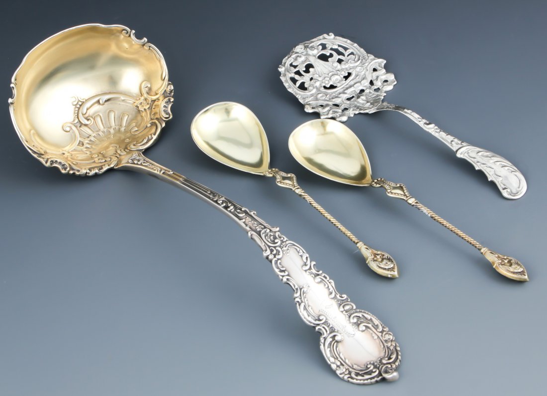 Antique Spoons: Antique Spoons. Consisting of a Frank Smith Antique Silver Punch Ladle in the Colbert Pattern. Gold Wash to the Bowl with "A" monogrammed on Handle. Marked Sterling. Length: 10", 25 cm. 4.25 ozt., a 1