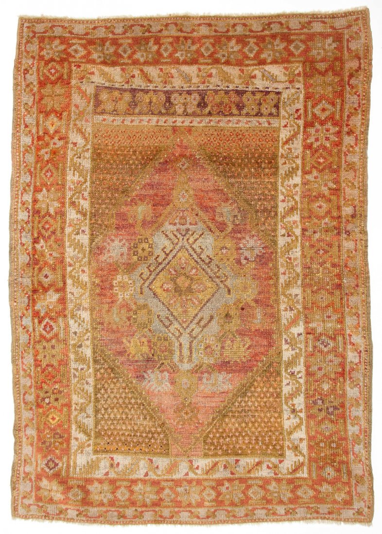 Antique Oushak Village Rug: 3'3" x 4'6" (99 x 137 cm): Antique Oushak Village Rug, Turkey: 3'3" x 4'6" (99 x 137 cm).