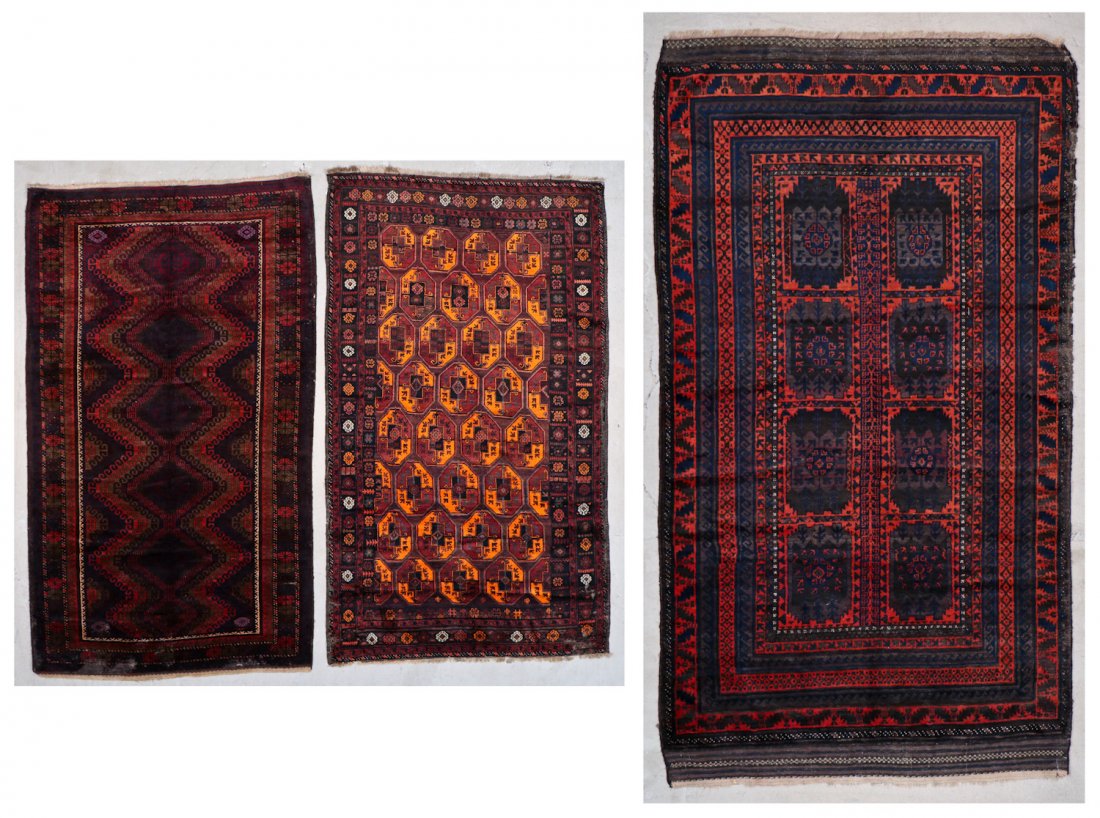 3 Vintage/Semi-Antique Beluch Rugs, Afghanistan: 3 Vintage/Semi-Antique Beluch Rugs, Afghanistan. Largest size: 9'5" x 5'4" (290 x 165 cm). Provenance: Estate of Professor Louis Flam.