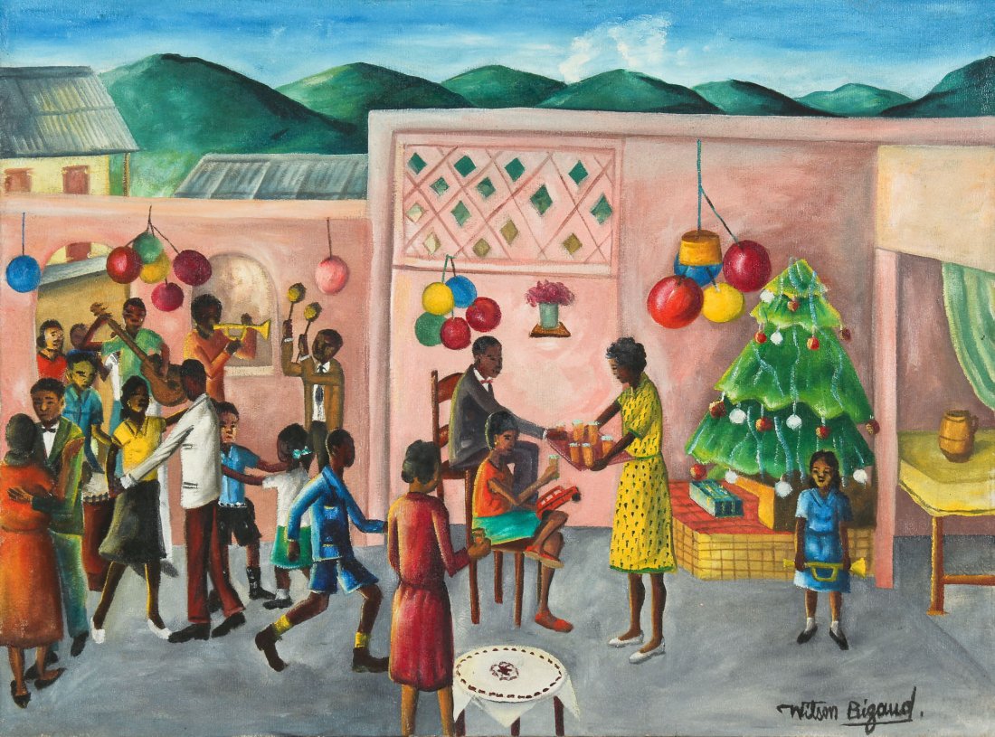 Wilson Bigaud (Haitian, 1931-2010) Christmas: Wilson Bigaud (Haitian, 1931-2010) Christmas Celebration, oil painting on canvas, signed. Size: 18'' x 24'', 46 x 61 cm (stretcher); 18.75'' x 24.75'', 48 x 63 cm (frame).
