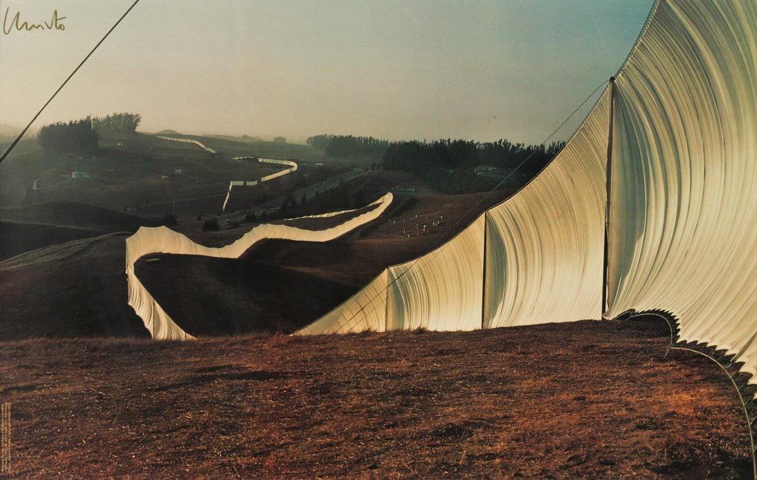 Christo and Jeanne-Claude (b. 1935) "Running Fence": Christo and Jeanne-Claude (b. 1935) "Running Fence, Sonoma and Marin Counties, California," 1972-1976, color offset lithograph, signed upper left, framed. Size: 24'' x 38'', 61 x 97 cm (sight); 32'' x