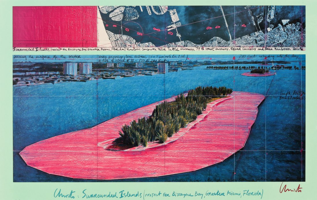 Christo and Jeanne-Claude (b. 1935) Surrounded Islands: Christo and Jeanne-Claude (b. 1935) Surrounded Islands Project for Biscayne Bay, Greater Miami, Florida, 1982, color offset lithograph, signed lower right, framed. Size: 24'' x 38'', 61 x 97 cm (sight