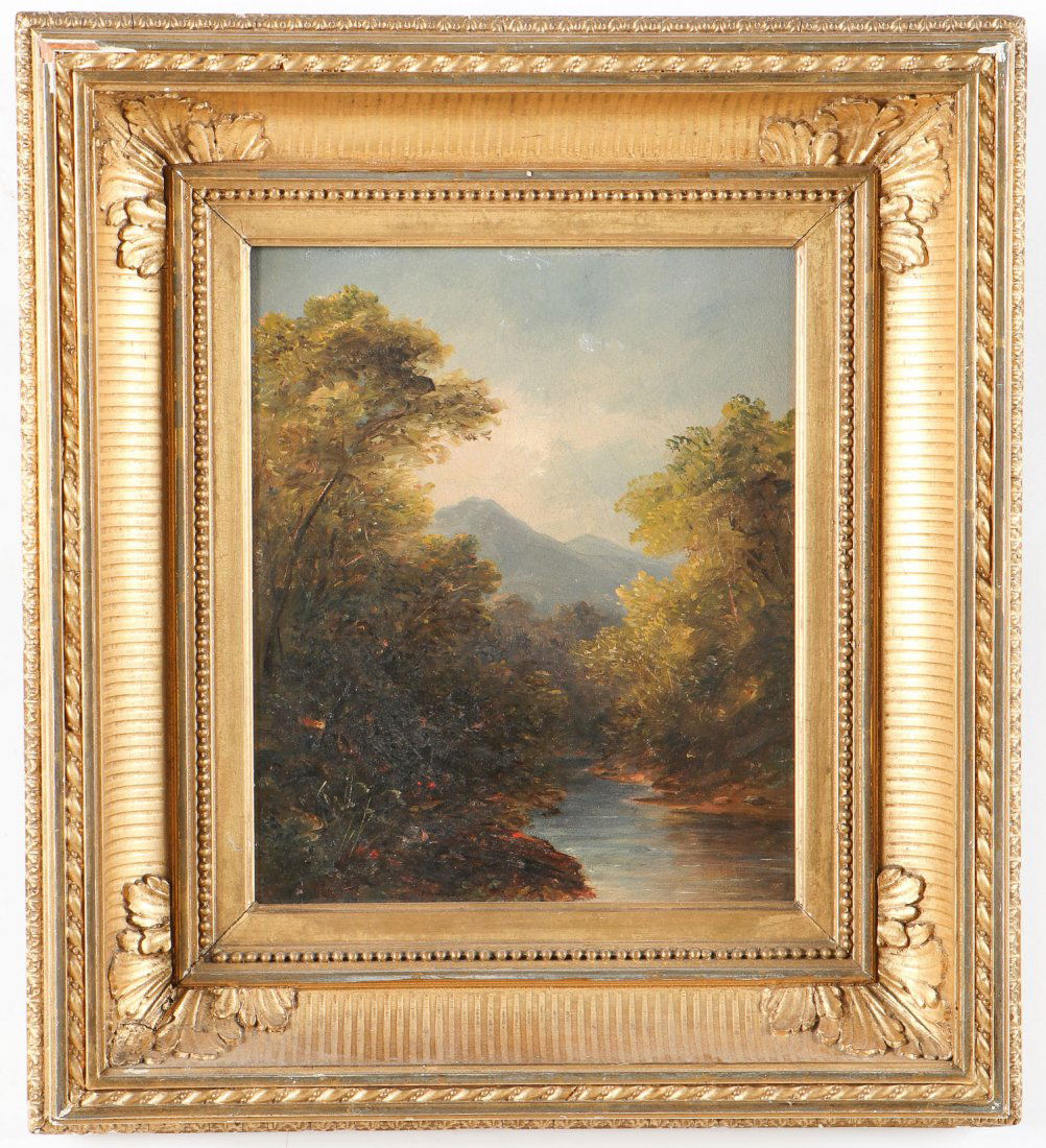 John Frederick Kensett (American, 1816-1872): John Frederick Kensett (American, 1816-1872) "Adirondack Stream", oil painting on board. Exhibition: Spencer Museum of Art Lawrence Kansas 1978. Size: 9" x 7.5", 23 x 19 cm (board); 14.25" x 13", 36 x
