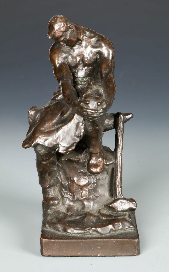 Paul Herzel (American, b. 1876) Blacksmith: Paul Herzel (American, b. 1876) Iconic bronze Social Realist Style Sculpture of a Blacksmith with hammer and Anvil, signed and numbered 173. Size: 9.25" x 4.5" x 4.25", 23 x 11 x 11 cm. Provenance: Es