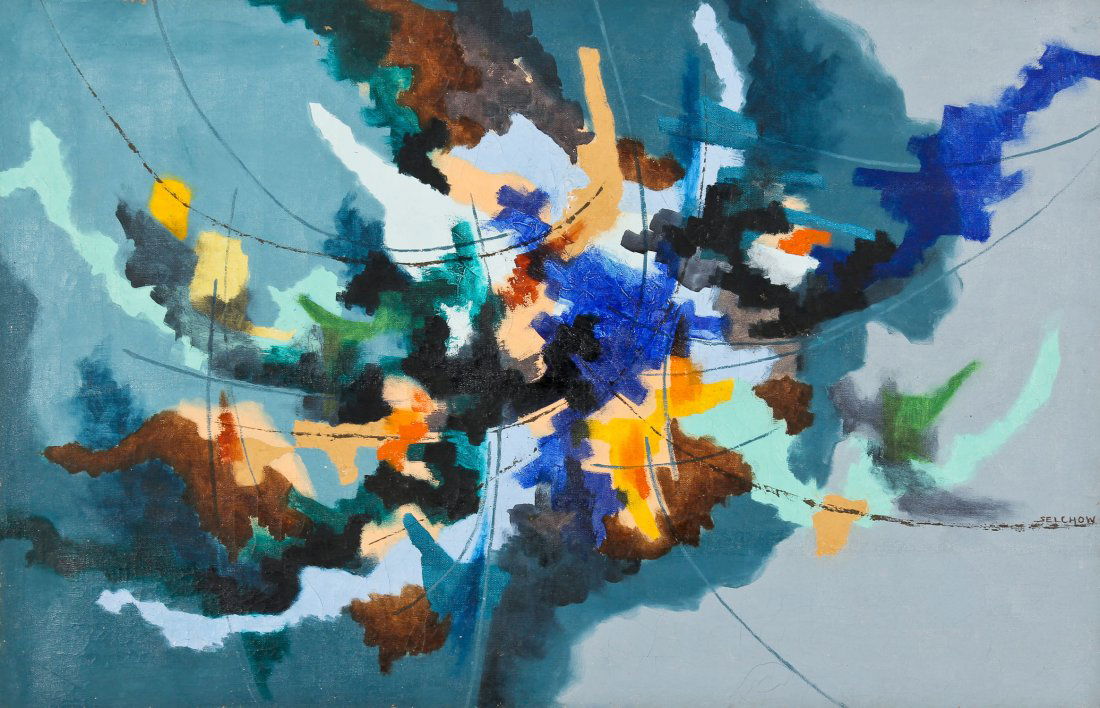 Roger Hoffman Selchow (1911-1994) Painting: Roger Hoffman Selchow (American, 1911-1994) Modernist Geometric Abstraction, oil painting on canvas. Size: 25.5" x 39.25", 65 x 100 cm (stretcher). Provenance: Estate of Alexander R. Raydon, Raydon Ga