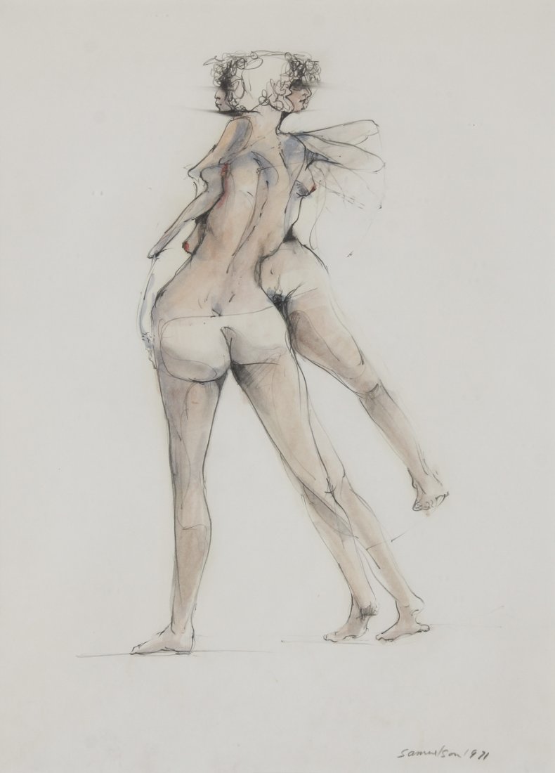 Bruce Samuelson (American, 20th c.) Nude, mixed media: Bruce Samuelson (American, 20th c.) Nude, mixed media drawing on paper. Size: 15" x 11", 38 x 28 cm (sight); 24.25" x 19.25", 62 x 49 cm (frame). Provenance: Estate of Barbara Savadove, Philadelphia,