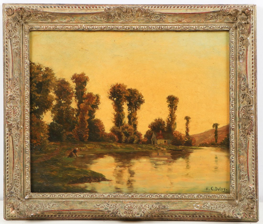 Attr. to Hippolyte Camille Delpy (1842-1910): Attributed to Hippolyte Camille Delpy (French, 1842-1910) Sunset Landscape, oil painting on board, signed. Size: 14.75" x 18.5", 37 x 47 cm (board); 19.5" x 23", 50 x 58 cm (frame). Provenance: Estate