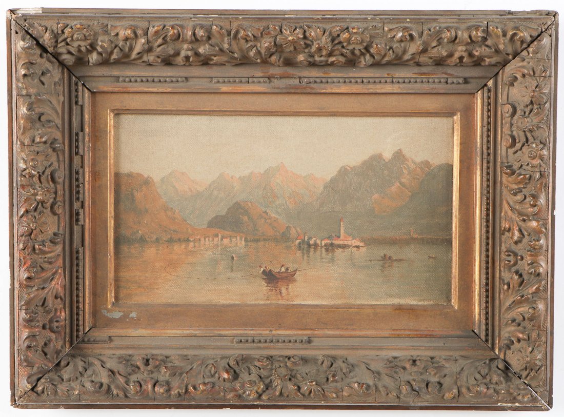 Attr. Robert Swain Gifford (1840-1905) Painting: Attributed to Robert Swain Gifford (American, 1840-1905) "Lake Como" (Italy), oil painting on canvas. Size: 6" x 10.5", 15 x 27 cm (stretcher); 12" x 16.25", 30 x 41 cm (frame). Provenance: Estate of 