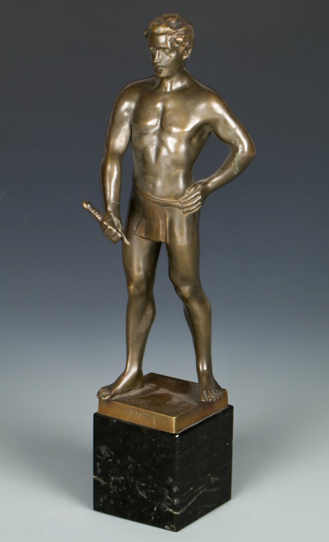 Hans Keck (1920-1922) Patinated Bronze Sculpture: Hans Keck (German, 1920-1922) Patinated Bronze Sculpture of a Young Man, on marble plinth, signed. Size: 12.25" x 2.75" x 2.25", 31 x 7 x 6 cm; 9.25"H, 23 cm (bronze). Provenance: Estate of Alexander