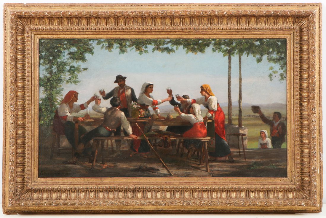 Enoch Wood Perry (American, 1831-1915) "Country: Enoch Wood Perry (American, 1831-1915) "Country Festival", 1869, oil painting on canvas, signed. Size: 17'' x 30'', 43 x 76 cm (stretcher); 25'' x 38'', 64 x 97 cm (frame). Exhibition: Danforth Museum