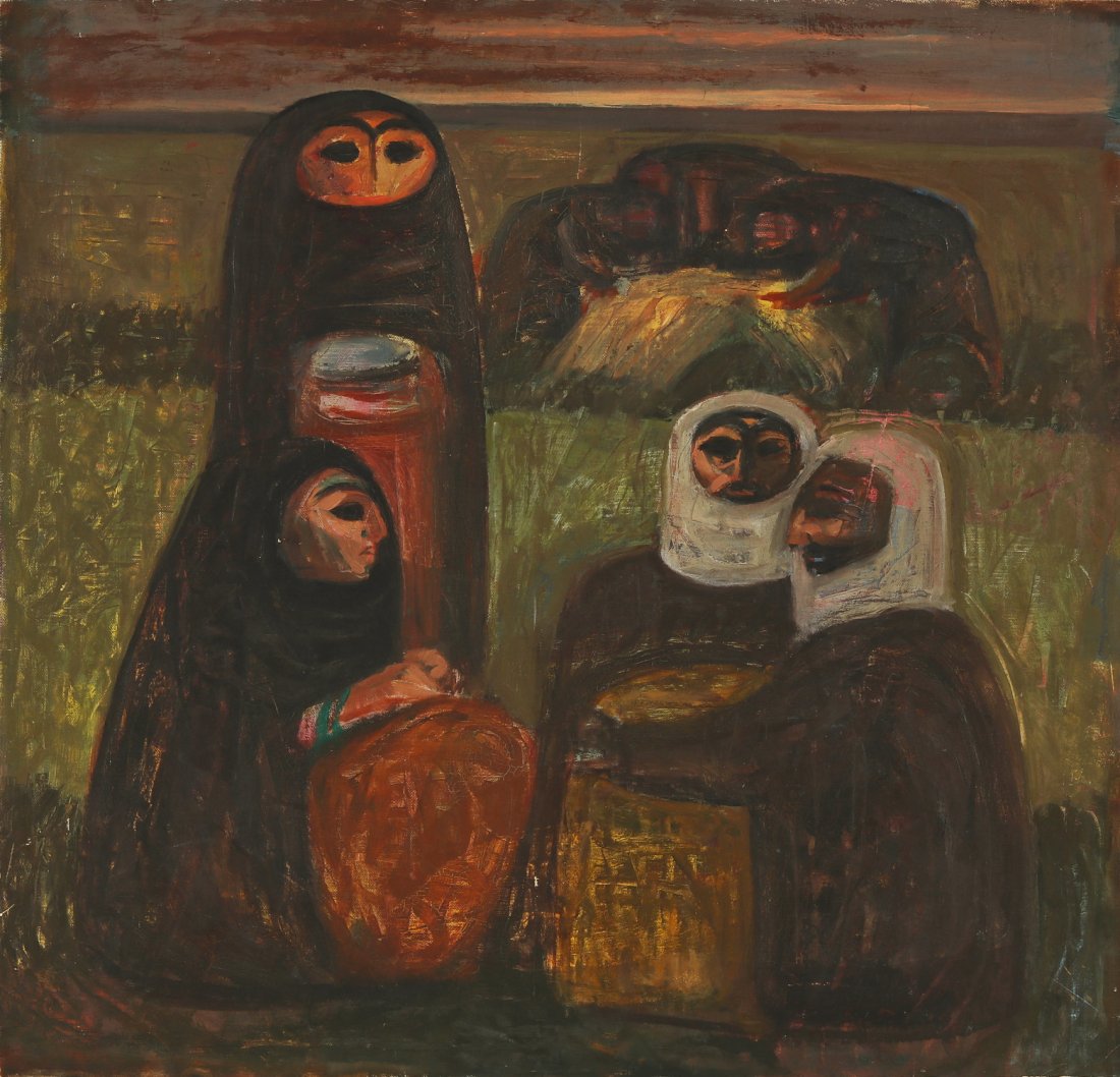 Unknown Artist (20th c.) Oil Painting: Unknown Artist (20th c.) Oil Painting, a depiction of figures gathered in a field, the verso of the painting depicts a portrait of lady with mirror in hand, signed illegibly and dated 1977. Size: 25.2