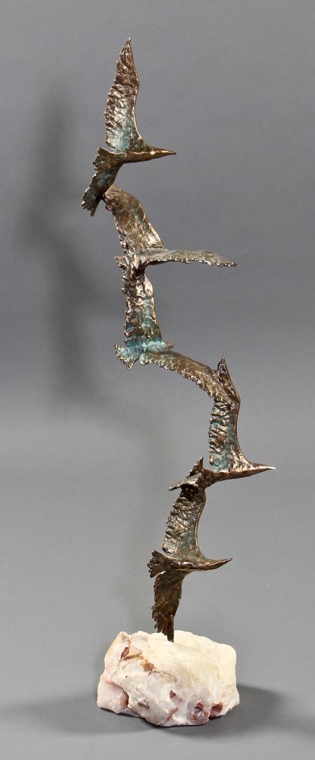 Curtis Jere Modernist Sculpture: Curtis Jere Modernist Bronze and Marble Table Top Sculpture depicting Birds in Flight, signed. Size: 30.5" x 6.5" x 8", 77 x 17 x 20 cm.