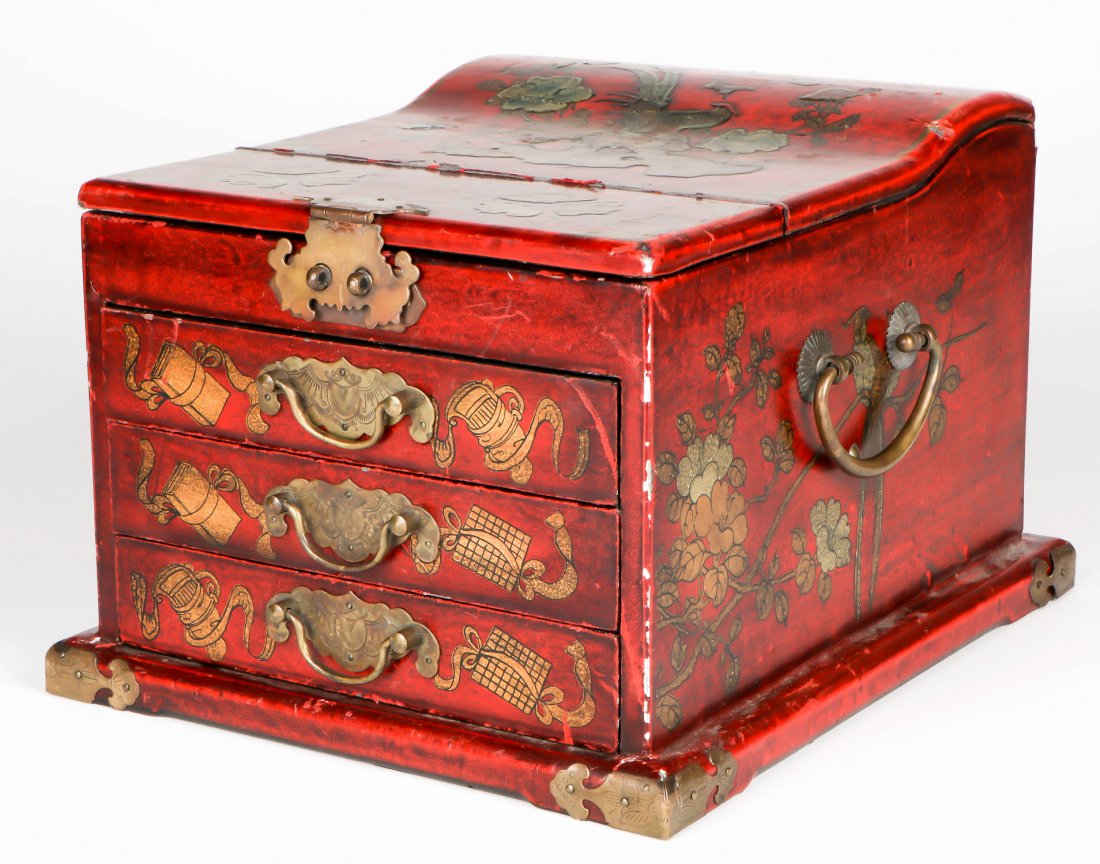 Antique Chinese Red Lacquer Jewelry Box: Chinese Jewelry Box. Papier mache. Size: 8'' x 10.25'' x 10.25'', 20 x 26 x 26 cm.