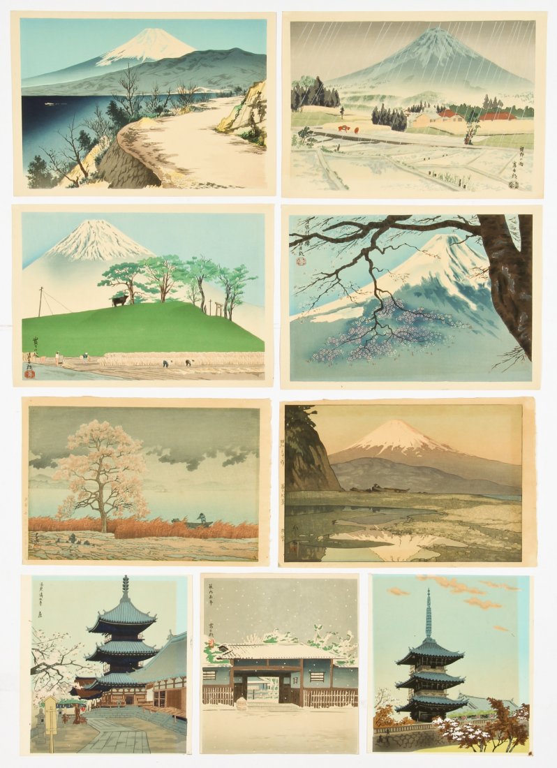 9 Japanese Woodblock Prints: Collection of 9 Japanese Woodblock Prints. Including Tomikichiro Tokuriki, Hiroshi Yoshida (1876-1950) "Mt. Fuji from Okitsu", and Kawase Hasui (1883-1957) "Rain on Lake Matsu". Largest size: 10.25" x