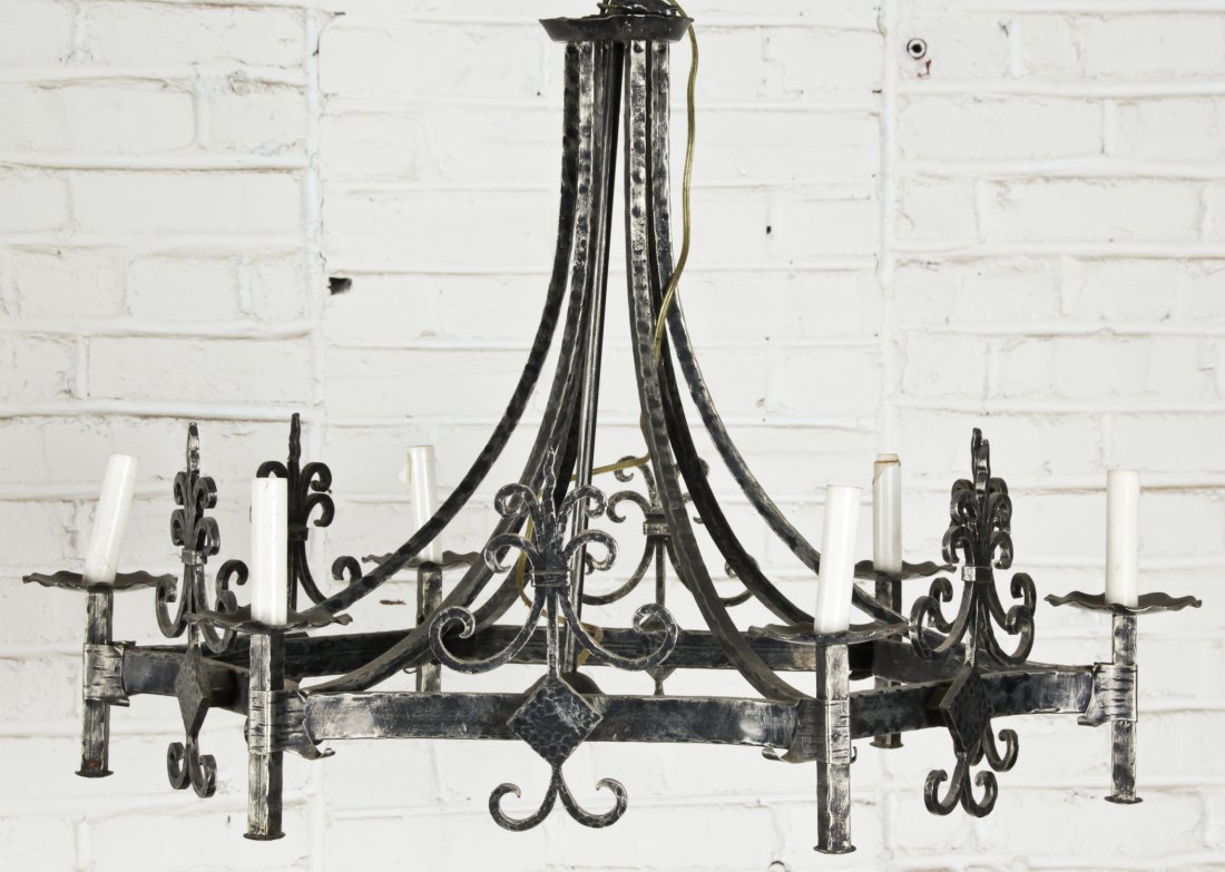 Antique Gothic Style Wrought Iron Chandelier: Antique Gothic Style Wrought Iron Chandelier. Size: 25" x 24" x 30" (64 x 61 x 76 cm). New York City Estate.