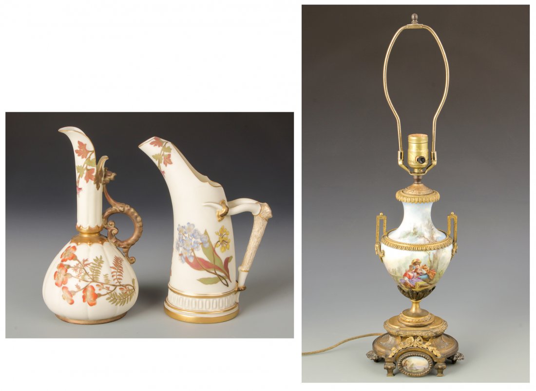 Bronze Mounted Continental Vase Lamp and Ewers: Estate Ewers and Lamp: 1) Bronze Mounted Continental Vase Lamp. Possibly Chelsea. Size: 25.75''H x 6.5''W x 5''D, 65 x 17 x 13 cm; 2) Two Royal Worcester Ewers. Largest size: 8.5''H x 4.25''W x 4.25''