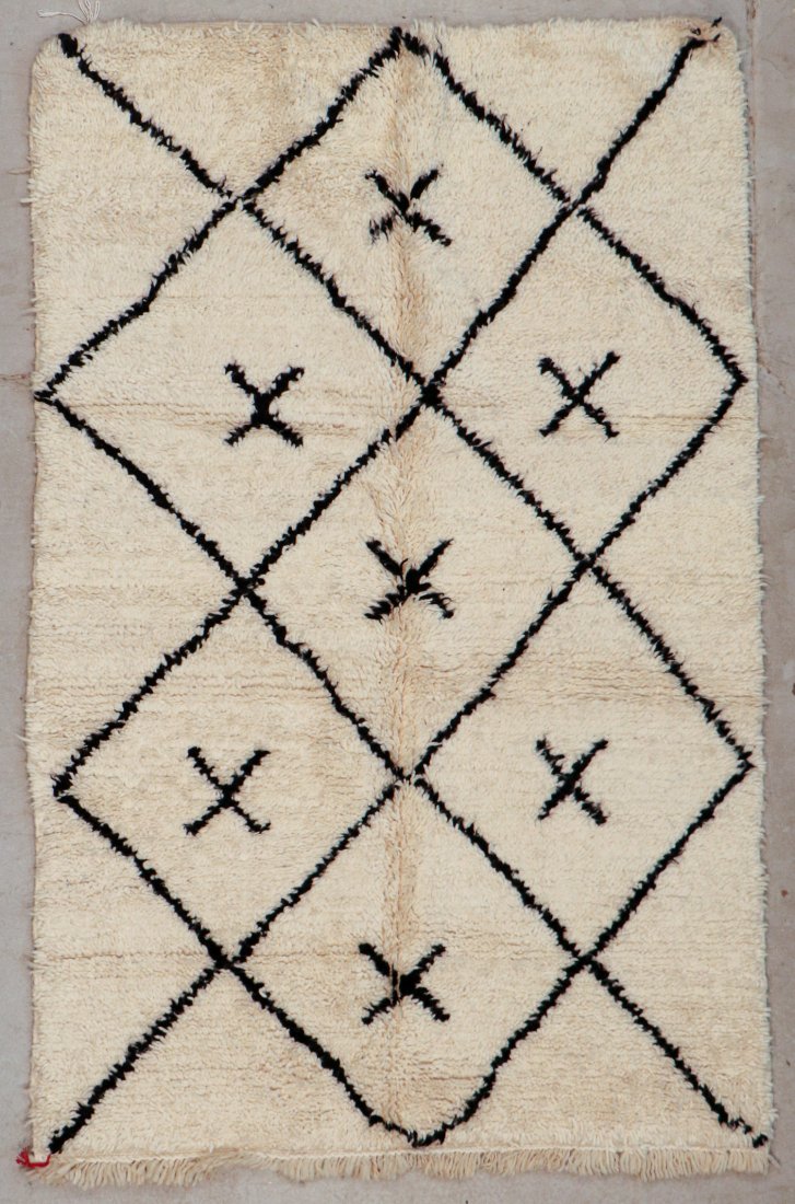 Vintage Beni Ourain Rug: 4'3" x 6'8" (130 x 204 cm): Vintage Beni Ourain Rug, Morocco: 4'3" x 6'8" (130 x 204 cm). Hand-knotted with undyed natural shades of hand-spun sheep's wool; thick, shaggy, lustrous pile. Recently professionally cleaned. Prov: pr