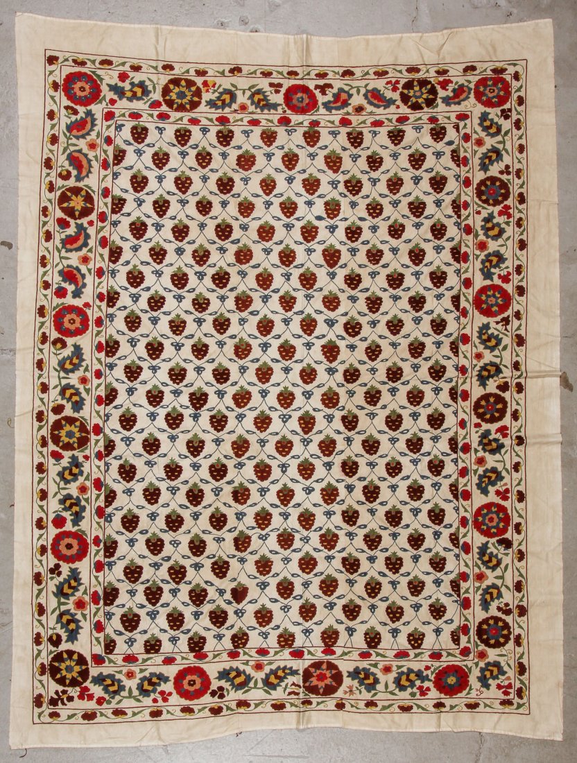 Vintage Central Asian Suzani: Vintage Central Asian Suzani. 20th C., silk on cotton embroidery. Size: 7'11'' x 6'1'', 242 x 185 cm. Estate of Edward Soleimani, Englewood, NJ.