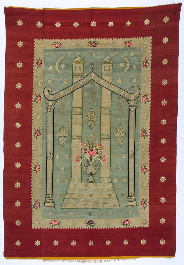 Antique Syrian Silk Prayer Kilim, Aleppo: Antique Syrian Silk Kilim, Aleppo, late 19th c. A pictorial prayer kilim with pair of mosque minarets, crescent moons, hanging lamps, floral bouquets. Size: 5'3'' x 3'7'', 160 x 109 cm. Estate of Edwa