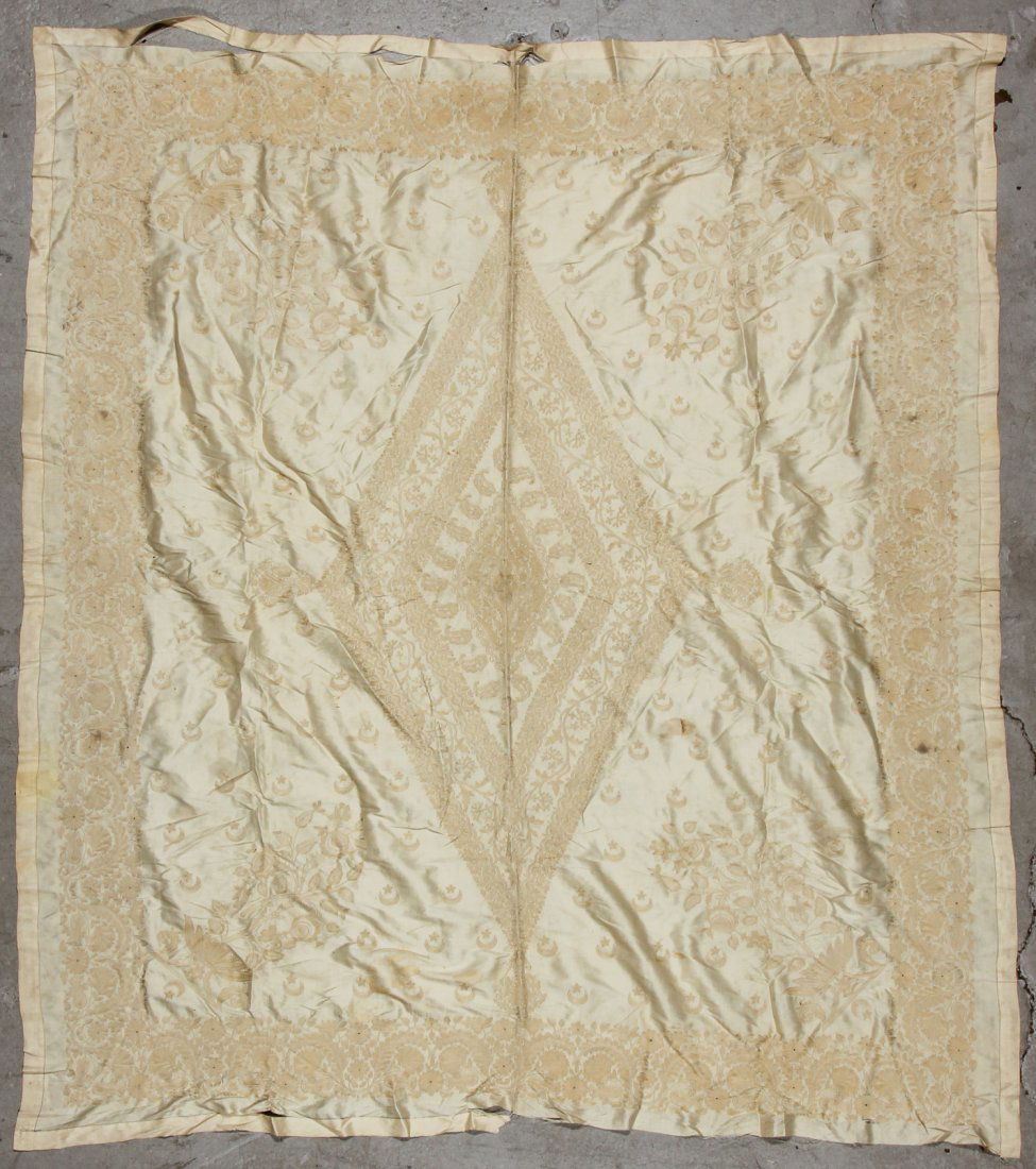 Fine Antique Middle Eastern Silk Embroidered Spread: Fine Antique Middle Eastern Silk Embroidered Spread.Size: 6'8'', 6', 203 x 183 cm.